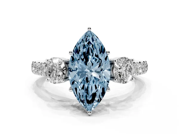Fancy Blue Marquise Cut Cut Diamond Three-Stone Ring with Round Side Stones and Pavé Band Platinum