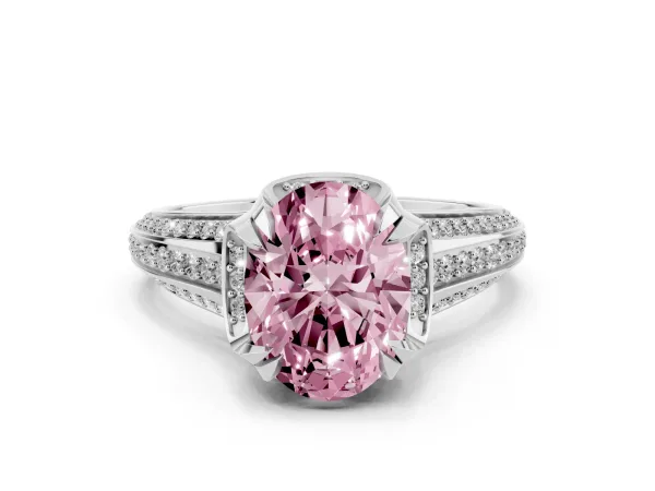 Fancy Pink Oval Cut Solitaire Pave Split Shank Ring with Four-Prong Setting Platinum