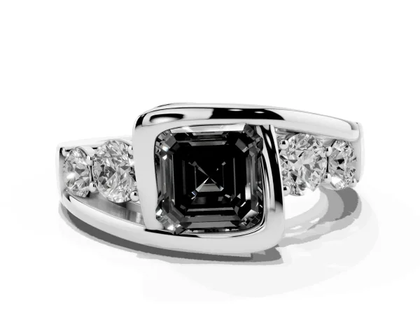 Fancy Black Bezel Set Asscher Cut Diamond Bypass Ring with Round Accents Platinum