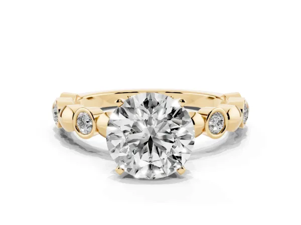 Round Cut Solitaire Bezel-Set Diamond Ring with Beaded Band and Four-Prong Setting Yellow gold