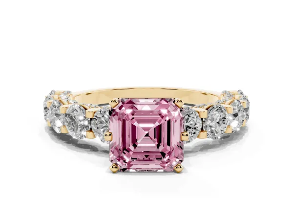 Fancy Pink Asscher Cut Diamond Side Stone Engagement Ring with Four-Prong Setting Yellow gold