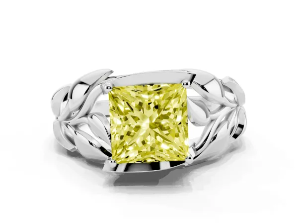 Fancy Yellow Princess Cut Diamond Leaf-Inspired Engagement Ring with Round Accents and Prong Setting White gold