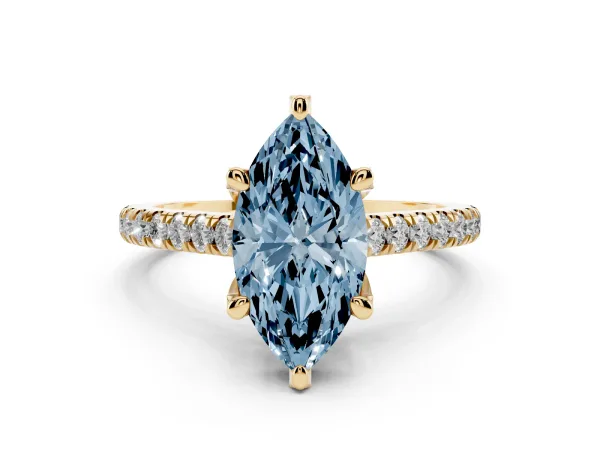 Fancy Blue Marquise Cut Brilliant Diamond Solitaire with Pavé Band and Four-Prong Setting Yellow gold