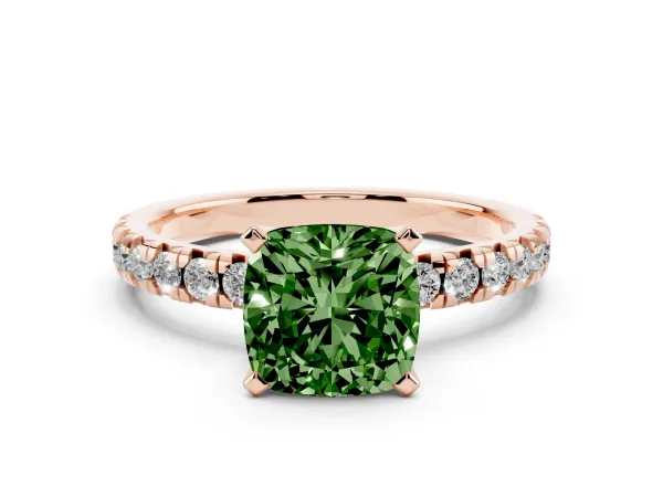 Fancy Green Cushion Cut Diamond Solitaire Pavé Engagement Ring with Round Band and Prong Setting Rose gold