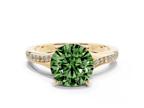 Fancy Green Round Cut Diamond Solitaire Ring with Pavé Band and Prong Setting Yellow gold