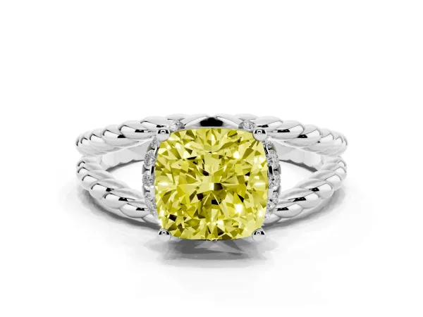 Fancy Yellow Cushion Cut Halo Twisted Band Four-Prong Ring White gold