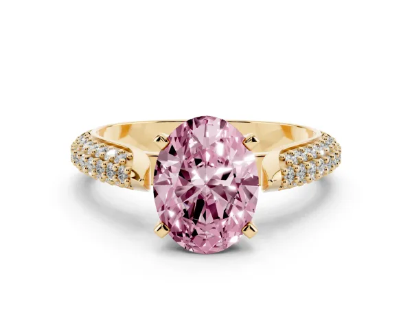 Fancy Pink Oval Cut Diamond Solitaire Engagement Ring with Multi-Row Round Pavé Band and Prong Setting Yellow gold