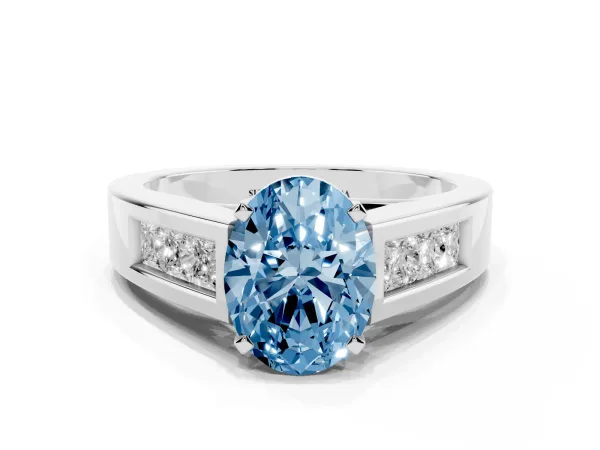 Fancy Blue Oval Cut Cut Channel Set Solitaire Ring with Four-Prong Setting Platinum