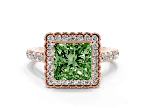 Fancy Green Princess Cut Cut Diamond Milgrain Floral Halo Engagement Ring with Pavé Band Rose gold