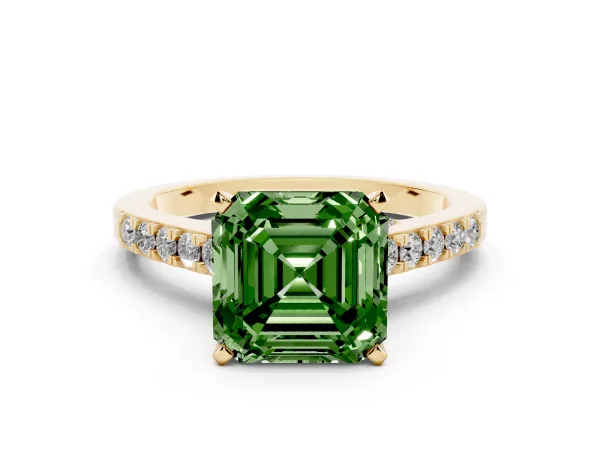 Fancy Green Asscher Cut Diamond Solitaire Ring with Crossover Gallery and Round Pavé Band Yellow gold