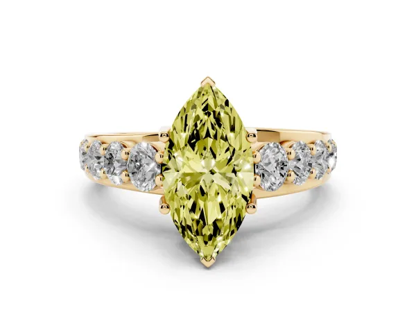 Fancy Yellow Marquise Cut Diamond Engagement Ring with Pavé Band and Four-Prong Setting Yellow gold