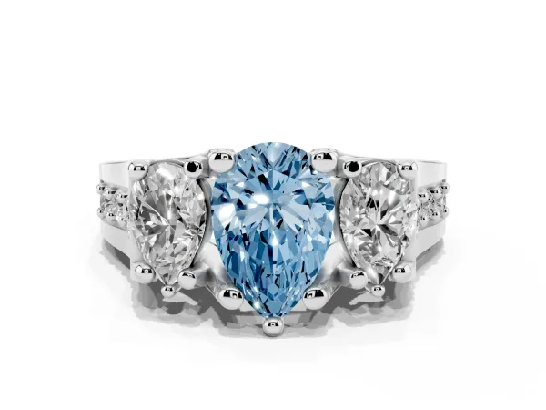Fancy Blue Pear Cut Diamond Three-Stone Ring with Channel Set Band and Four-Prong Setting White gold