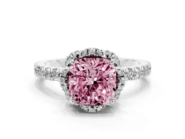 Fancy Pink Cushion Cut Diamond Halo Pave Band with Four-Prong Setting Platinum