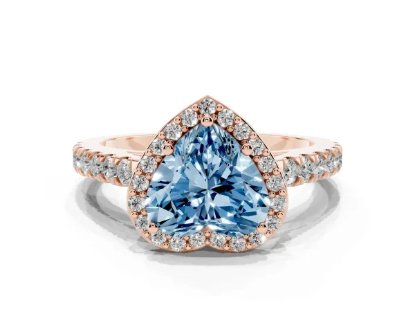 Fancy Blue Heart Cut Cut Halo Diamond Engagement Ring with Pave Band and Four-Prong Setting Rose gold