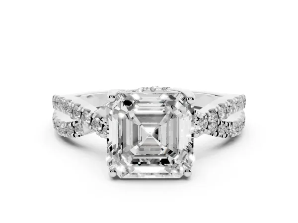 Asscher Cut Solitaire Twist Pave Diamond Engagement Ring with Prong Setting White gold