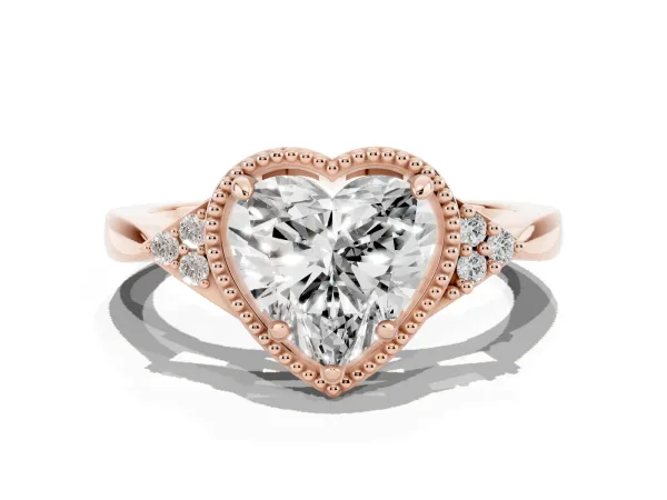 Hexagonal Halo Heart Cut Diamond Solitaire with Pavé Band and Four-Prong Setting Rose gold