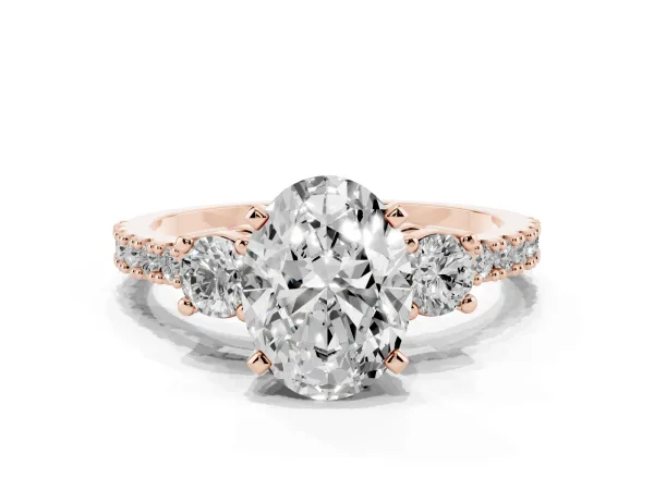 Oval Cut Three-Stone Diamond Pavé Band with Prong Setting Rose gold