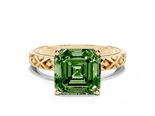 Fancy Green Asscher Cut Solitaire Diamond Ring with Milgrain and Black Enamel X Pattern Band Yellow gold