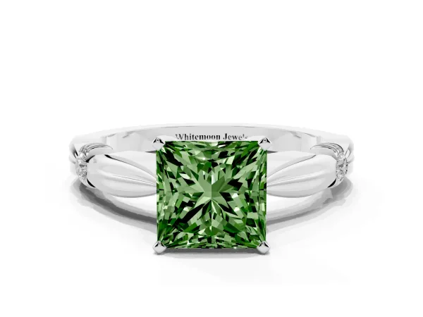 Fancy Green Princess Cut Solitaire Diamond Twisted Band with Four-Prong Setting Platinum