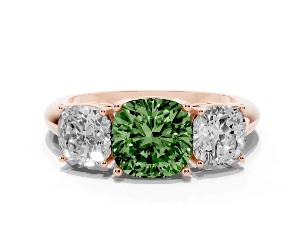 Fancy Green Three-Stone Cushion Cut Cut Diamond Engagement Ring with Prong Setting on a White Gold Band Rose gold