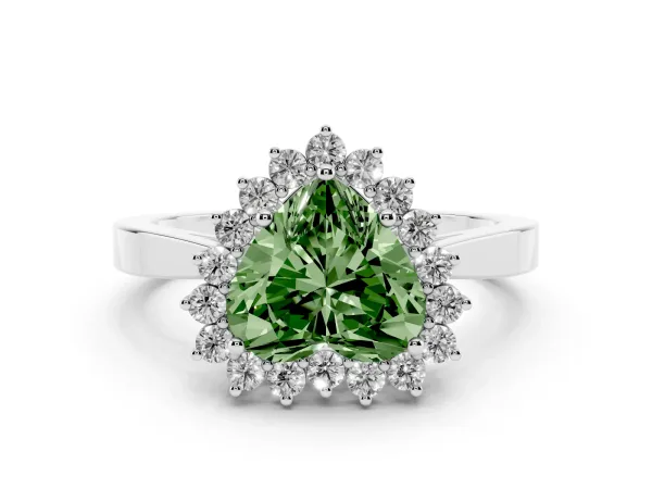 Fancy Green Heart Cut Cut Diamond Halo Ring with Round Brilliant Halo and Solitaire Band White gold