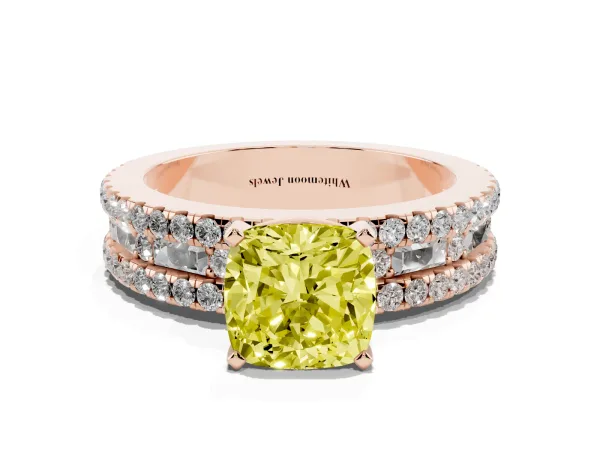 Fancy Yellow Cushion Cut Diamond Solitaire Ring with Pavé and Channel Set Band Rose gold