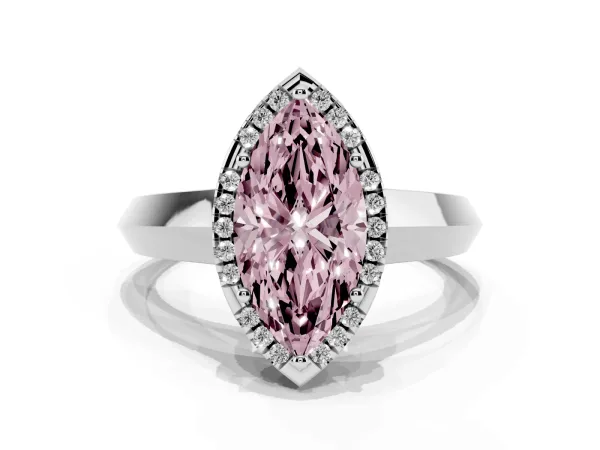 Fancy Pink Marquise Cut Halo Diamond Ring with Cathedral Band and Four-Prong Setting White gold