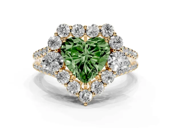Fancy Green Heart Cut Halo Split Shank Diamond Engagement Ring with Prong Setting Yellow gold
