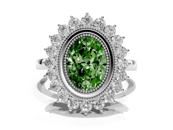 Fancy Green Oval Cut Halo Diamond Ring with Milgrain Edge and Round Prong Setting Platinum