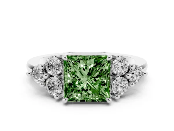 Fancy Green Princess Cut Brilliant Diamond Cluster Accent Solitaire Ring with Prong Setting Platinum