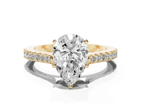 Pear Cut Cut Solitaire Diamond Engagement Ring with Pave Band and Four-Prong Setting Yellow gold