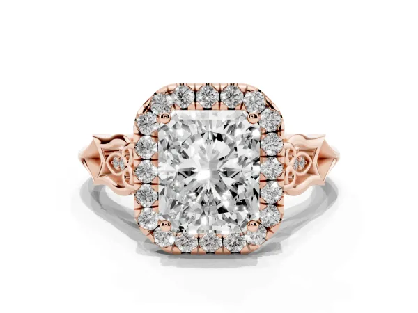 Radiant Cut Halo Diamond Engagement Ring with Filigree Band and Four-Prong Setting Rose gold