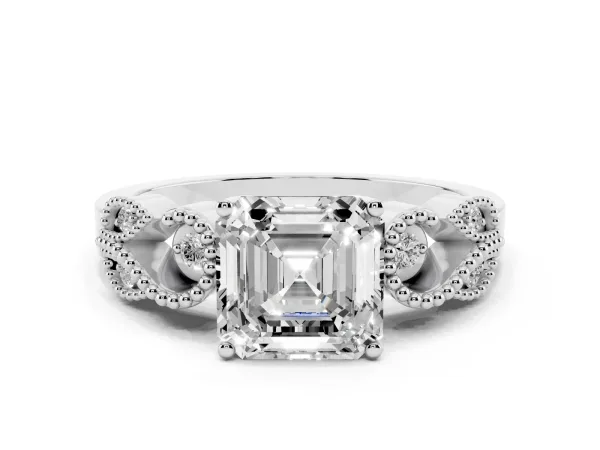 Asscher Cut Solitaire Milgrain Leaf Band with Prong Setting Platinum