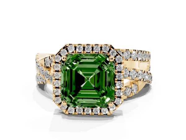 Fancy Green Asscher Cut Diamond Halo Ring with Round Split Shank and Prong Setting Yellow gold