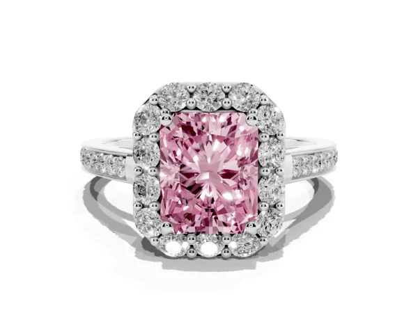 Fancy Pink Radiant Cut Diamond Floral Halo Ring with Pavé Band and Prong Setting Platinum