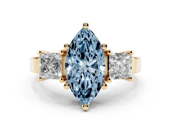 Fancy Blue Three-Stone Marquise Cut Cut Solitaire Ring with Prong Setting Yellow gold