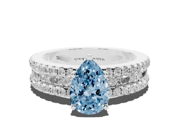 Fancy Blue Pear Cut Diamond Solitaire Ring with Pavé and Channel Set Band White gold