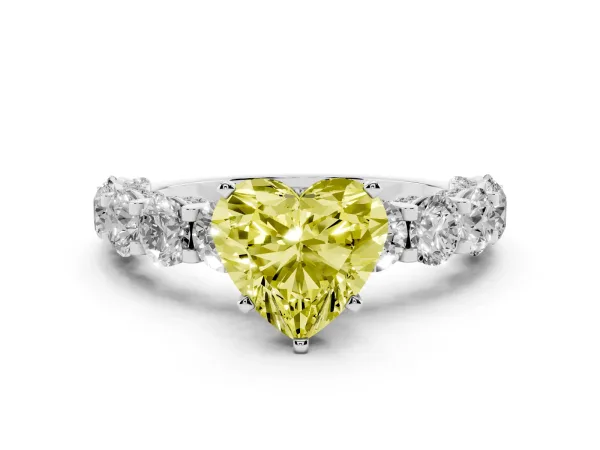 Fancy Yellow Heart Cut Diamond Side Stone Engagement Ring with Four-Prong Setting Platinum