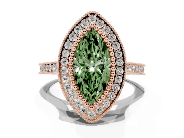 Fancy Green Marquise Cut Diamond Halo Ring with Milgrain Frame and Pavé Band Rose gold