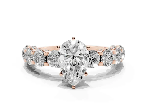 Pear Cut Diamond Side Stone Engagement Ring with Four-Prong Setting Rose gold