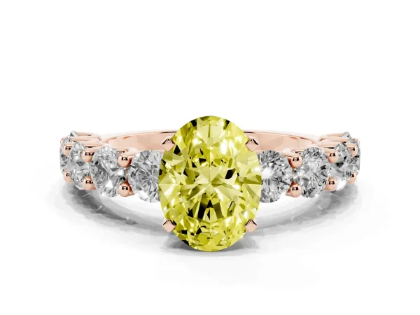Fancy Yellow Oval Cut Diamond Prong Setting with Side Stones on a Pave Band Rose gold