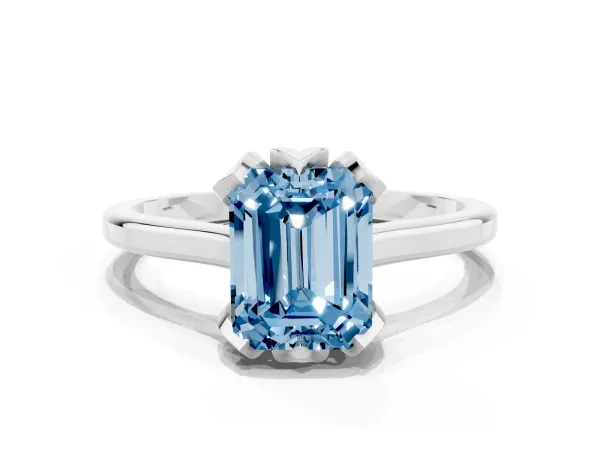 Fancy Blue Emerald Cut Diamond Solitaire Ring with Flower Prong Setting and Classic Band White gold