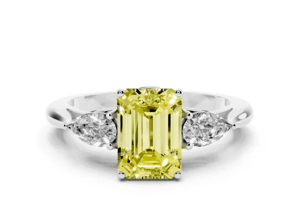 Fancy Yellow Emerald Cut Diamond Three-Stone Ring with Pear Side Stones and Prong Setting Platinum
