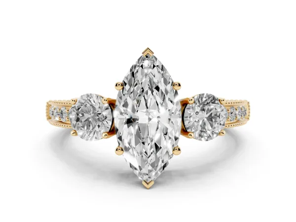 Marquise Cut Three-Stone Diamond Ring with Pavé Band and Four-Prong Setting Yellow gold