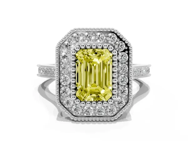 Fancy Yellow Emerald Cut Diamond Halo Ring with Milgrain Frame and Pavé Band Platinum