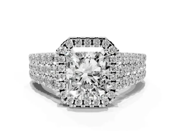 Radiant Cut Diamond Halo Engagement Ring with Triple Row Round Pavé Band and Prong Setting White gold