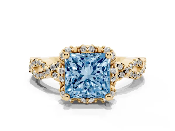 Fancy Blue Princess Cut Halo Twist Band Solitaire Ring with Six-Prong Setting Yellow gold