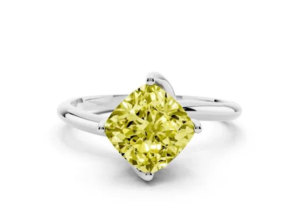Fancy Yellow Cushion Cut Diamond Solitaire Engagement Ring with Four-Prong Setting and Classic Band Platinum