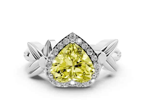 Fancy Yellow Heart Cut Halo Diamond Floral Band with Four-Prong Setting Platinum