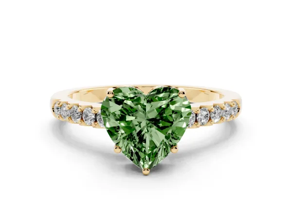 Fancy Green Heart Cut Solitaire Diamond Engagement Ring with Pavé Band and Six-Prong Setting Yellow gold